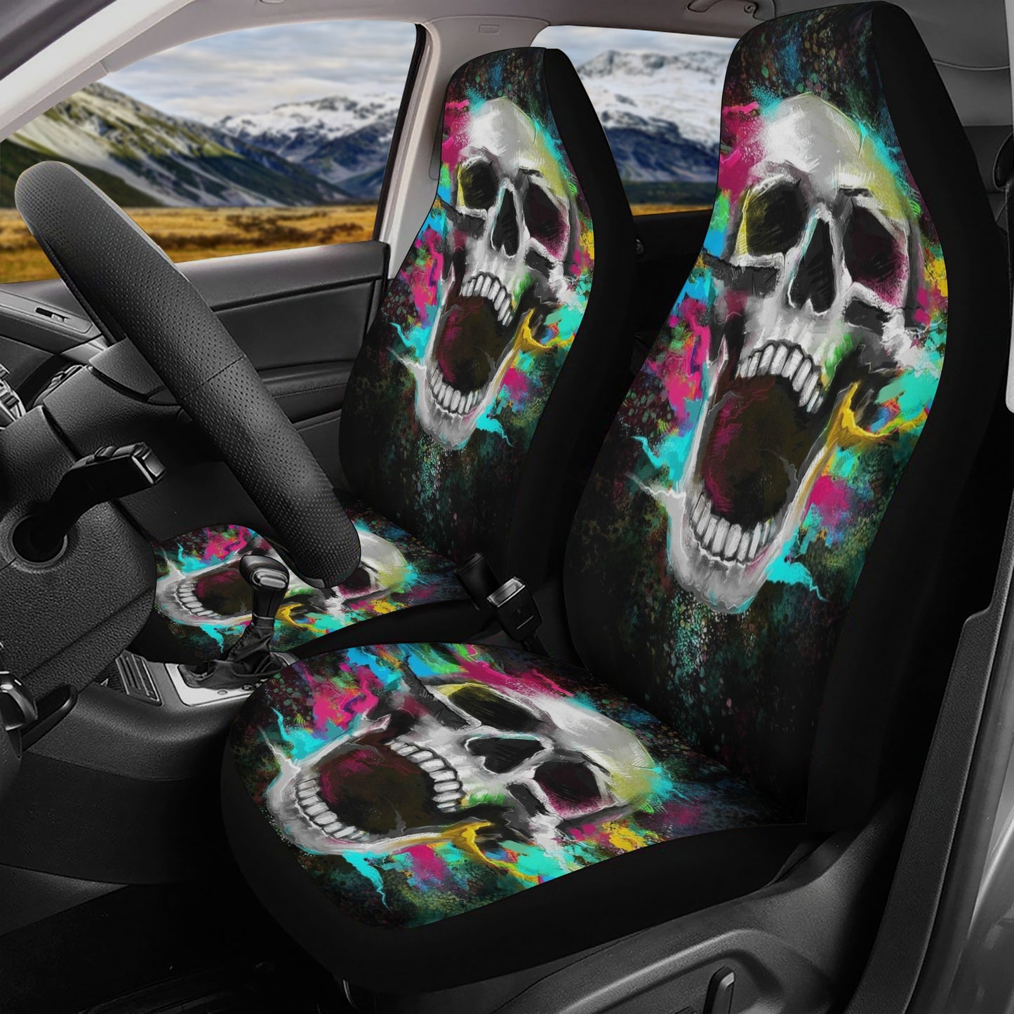 Death skull washable car seat covers, punisher skull floor mat for car, christmas skull rug for car, floral skull mat for vehicles, death sk