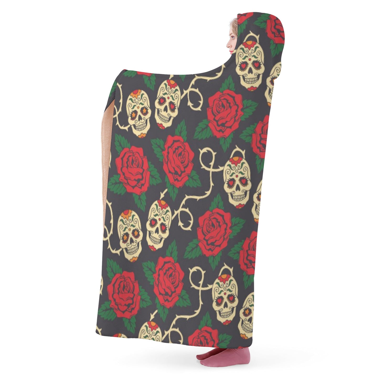 Skeleton hooded blanket, rose skull warm blanket, rose skull hoodie blanket, floral skull blanket hooded, motorcycle skull fleece blanket, g