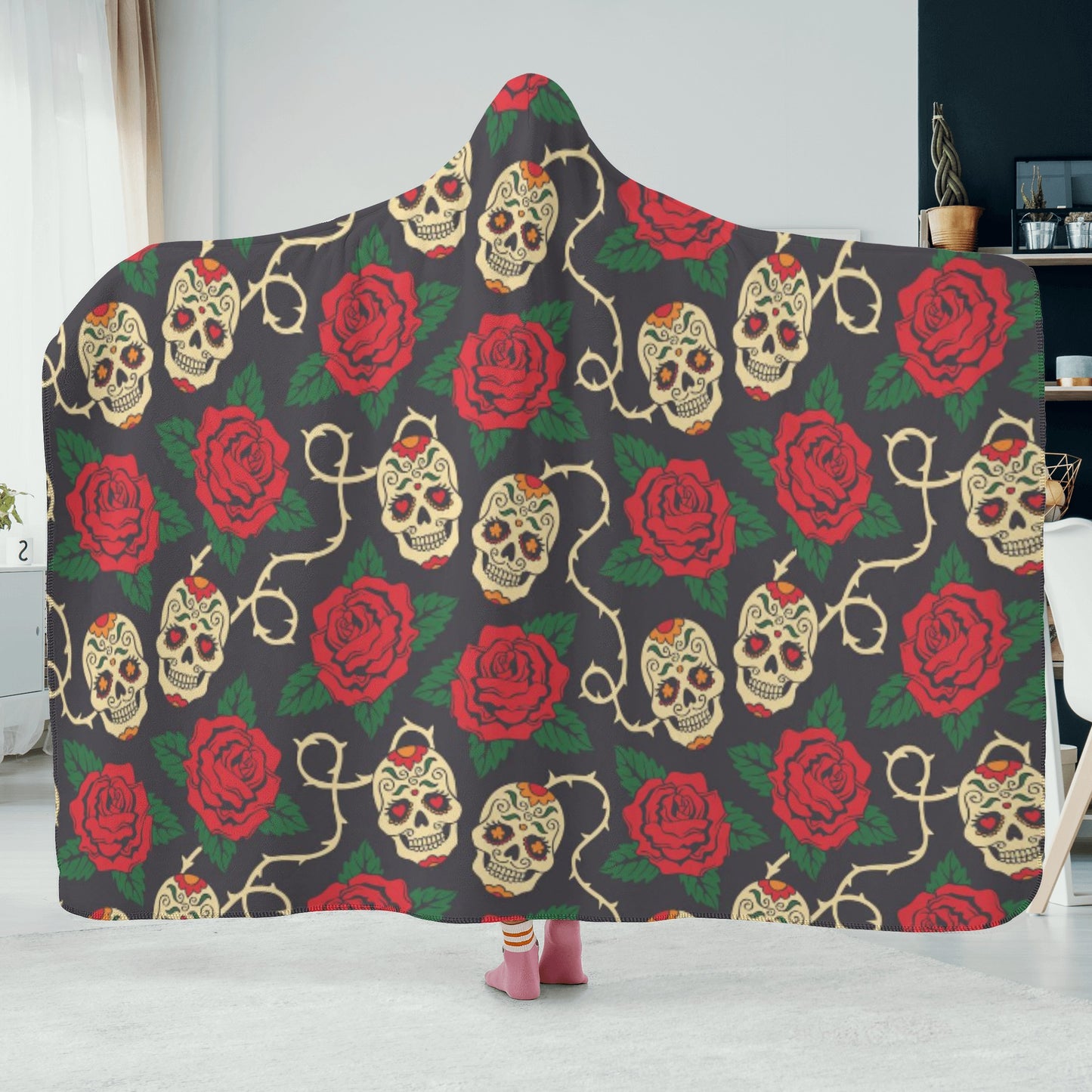 Skeleton hooded blanket, rose skull warm blanket, rose skull hoodie blanket, floral skull blanket hooded, motorcycle skull fleece blanket, g