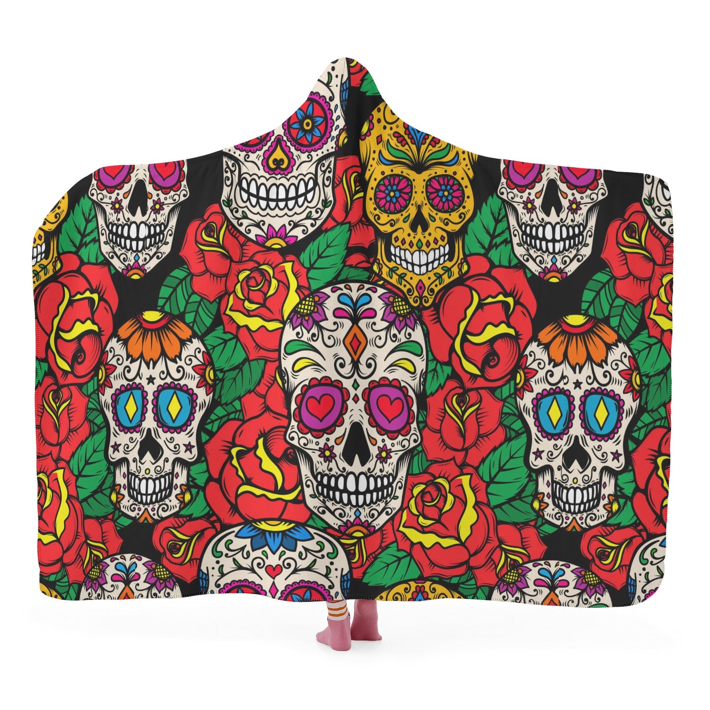 Dia de los muertos skull flannel hooded, mexican skull blanket hoodie, candy skull flannel hooded, sugar skull girl blanket hooded, floral s