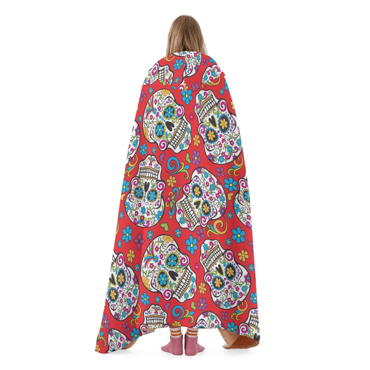 Sugar skull girl sherpa blanket, mexican skull blanket hooded, floral skull throw hooded, mexico hooded blanket, sugar skull hooded blanket