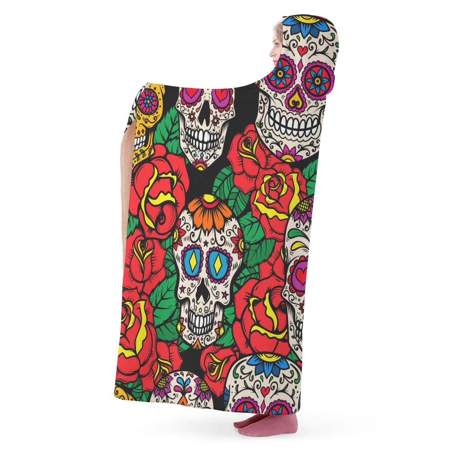 Dia de los muertos skull flannel hooded, mexican skull blanket hoodie, candy skull flannel hooded, sugar skull girl blanket hooded, floral s