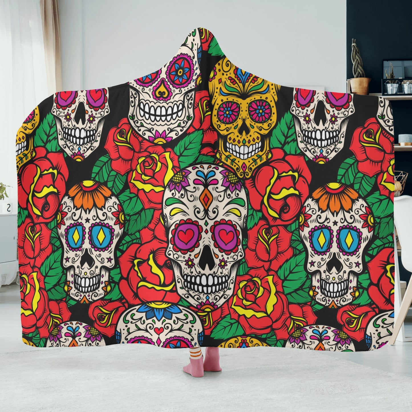 Dia de los muertos skull flannel hooded, mexican skull blanket hoodie, candy skull flannel hooded, sugar skull girl blanket hooded, floral s