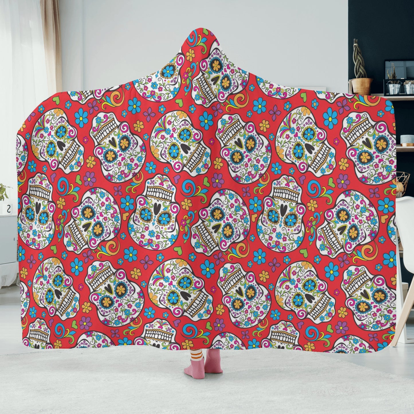 Sugar skull girl sherpa blanket, mexican skull blanket hooded, floral skull throw hooded, mexico hooded blanket, sugar skull hooded blanket