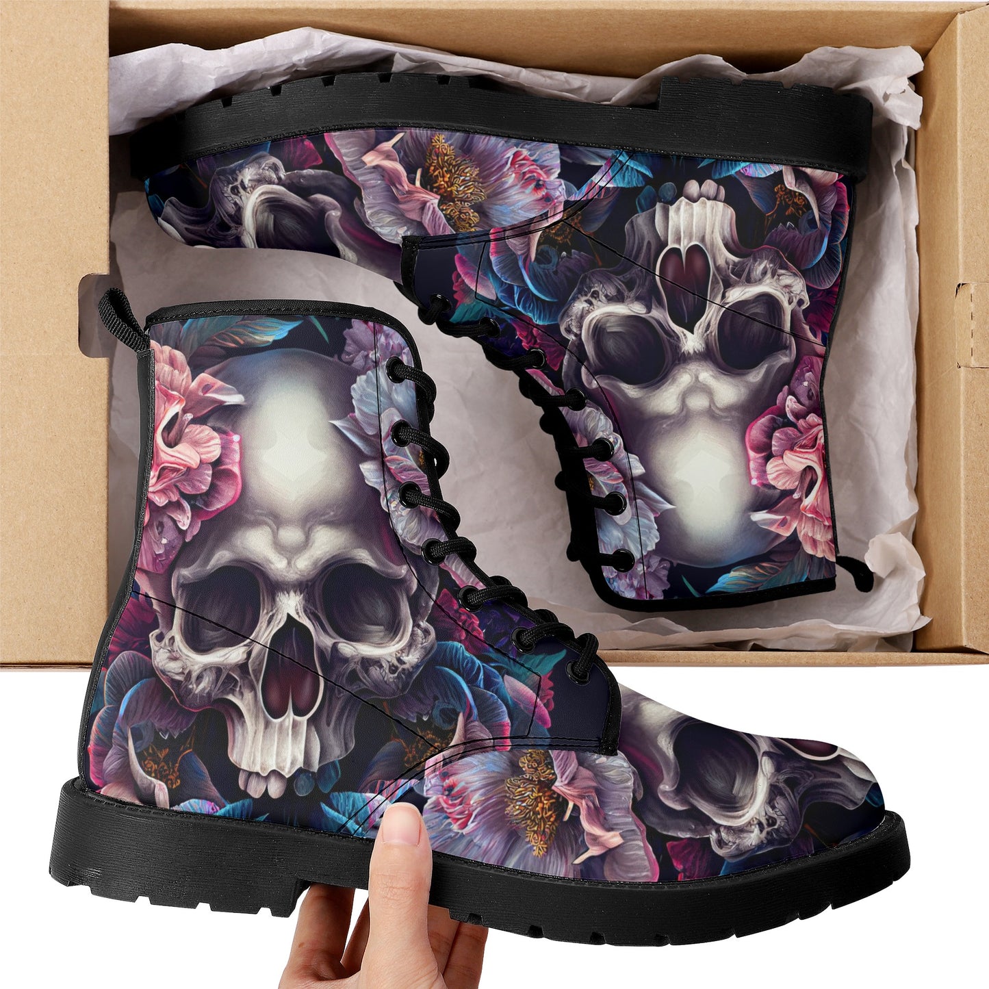 Gothic skull combat boots, death skull waterproof Lace Up Anti-Slip platform nooties, rose skull unisex shoes, flaming skull fashion leather Mens Leather Boots