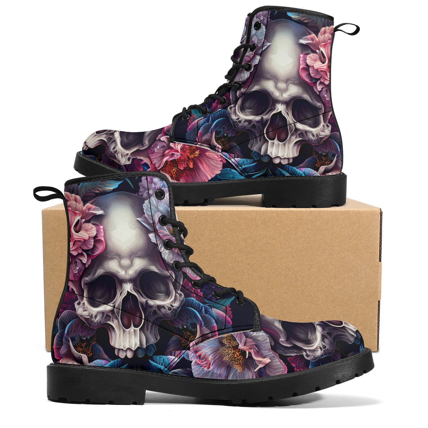 Gothic skull combat boots, death skull waterproof Lace Up Anti-Slip platform nooties, rose skull unisex shoes, flaming skull fashion leather Mens Leather Boots