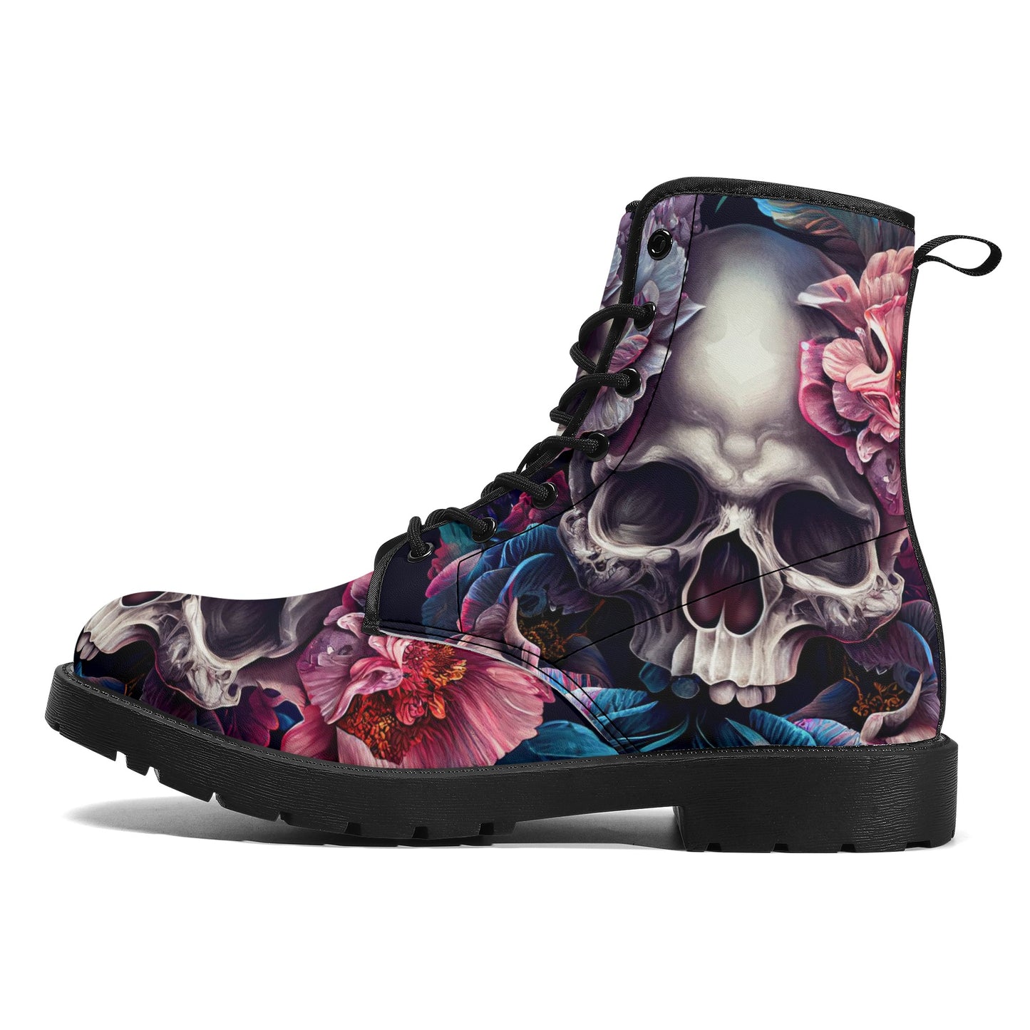 Gothic skull combat boots, death skull waterproof Lace Up Anti-Slip platform nooties, rose skull unisex shoes, flaming skull fashion leather Mens Leather Boots