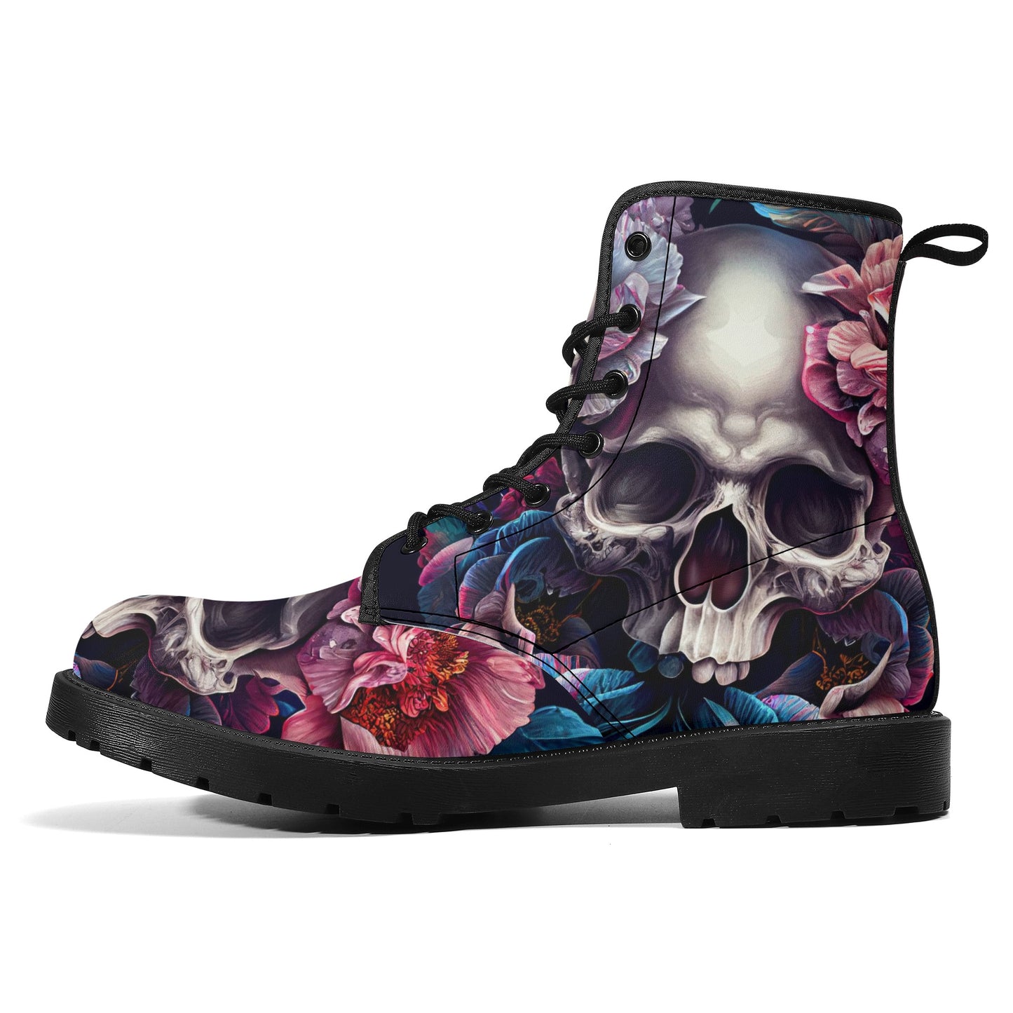 Gothic skull combat boots, death skull waterproof Lace Up Anti-Slip platform nooties, rose skull unisex shoes, flaming skull fashion leather Mens Leather Boots