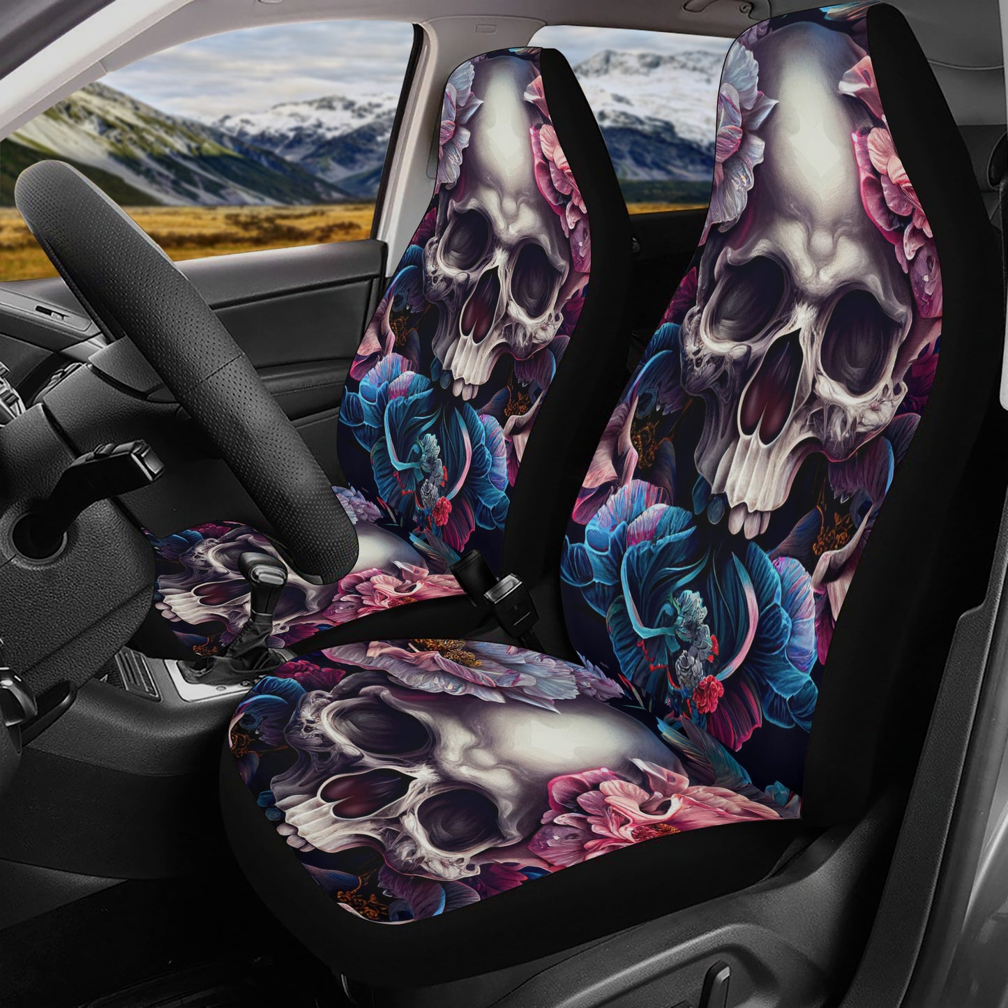 Evil seat cover for truck, goth mat for car, skull floor mat for car, flaming skull floor mat for car, grim reaper rug mat for car, goth sea Car Seat Cover Set