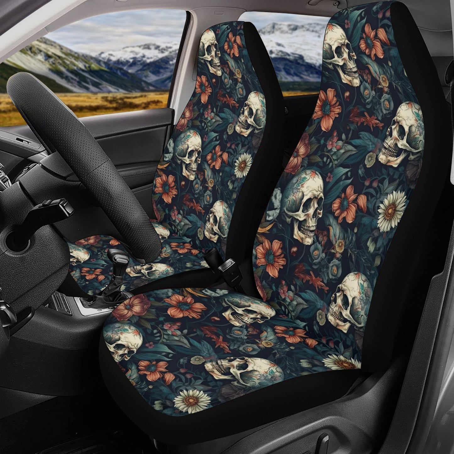 Goth car seat cushion cover, biker skull slip-on seat covers, flaming skull car seat cushion cover, horror seat cover for truck, skeleton ca Car Seat Cover Set