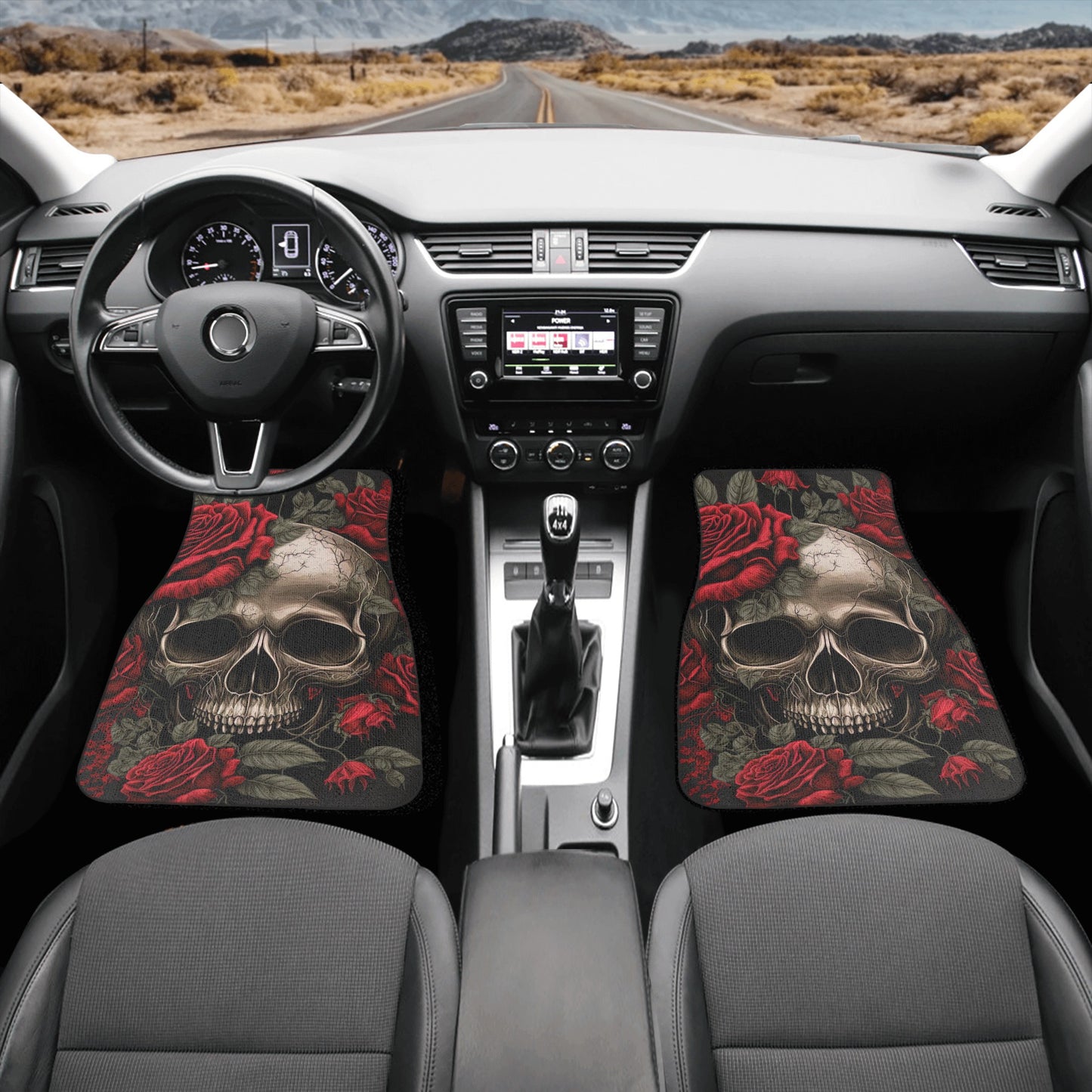 Goth seat cover for car, gothic skull car mat, flower skull front and back car seat covers, flower skull car accessories Back and Front Car Floor Mats