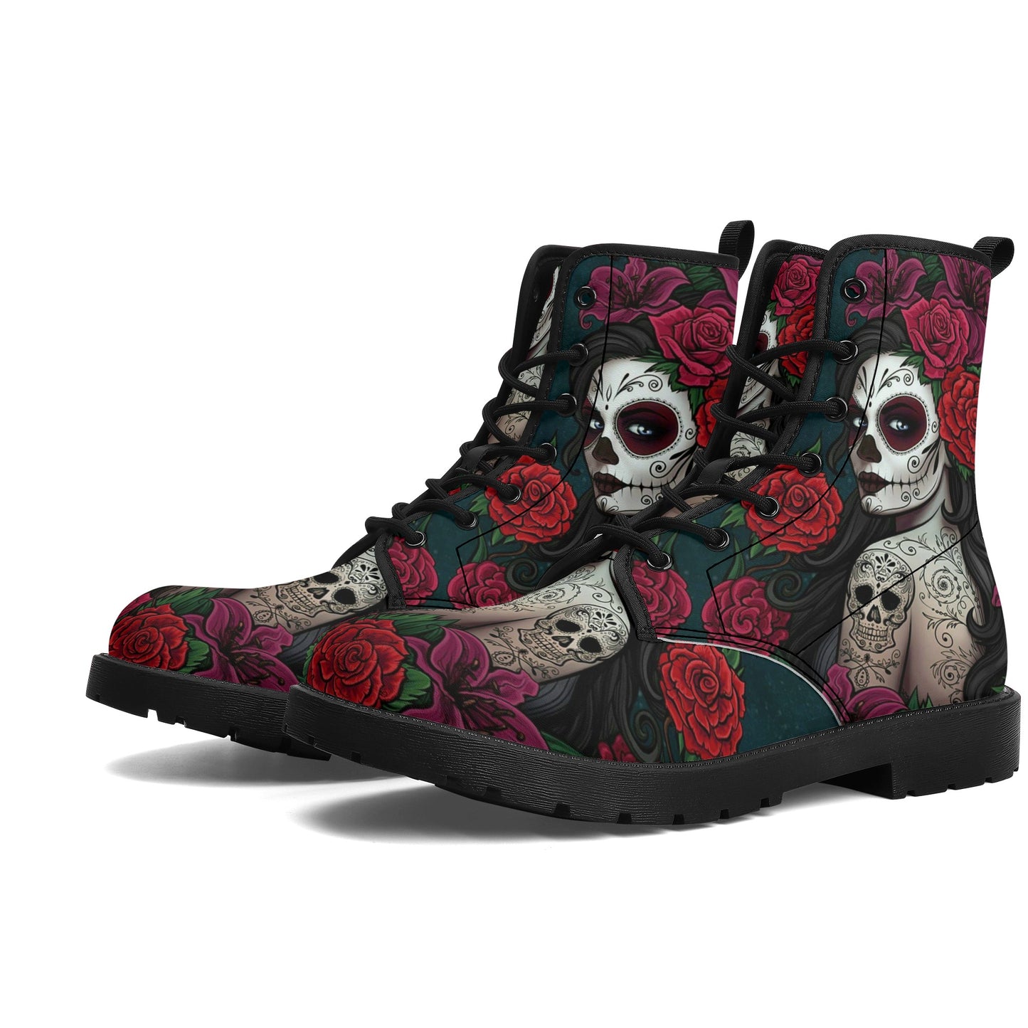 Sugar skull winter boots, sugar skull girl combat boots, cinco de mayo skull boots for men women, floral sugar skull men women shoes, sugar