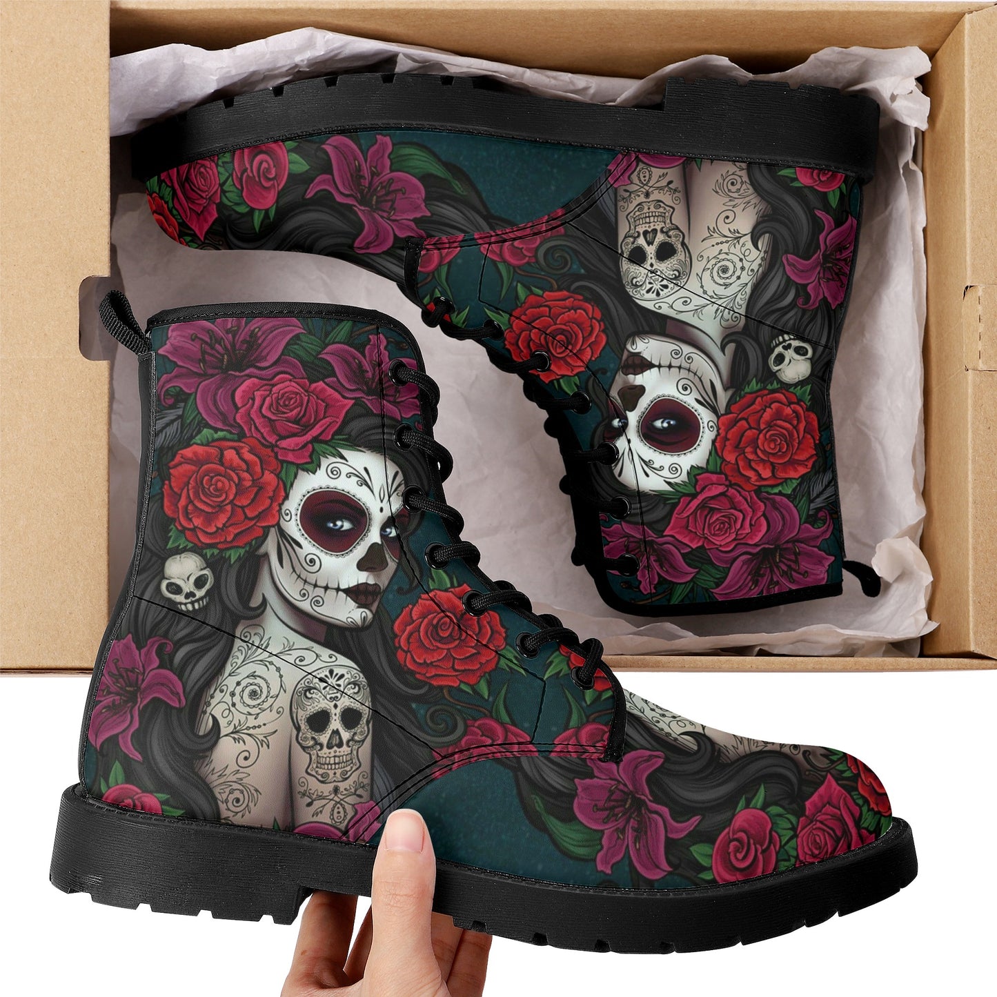 Sugar skull winter boots, sugar skull girl combat boots, cinco de mayo skull boots for men women, floral sugar skull men women shoes, sugar