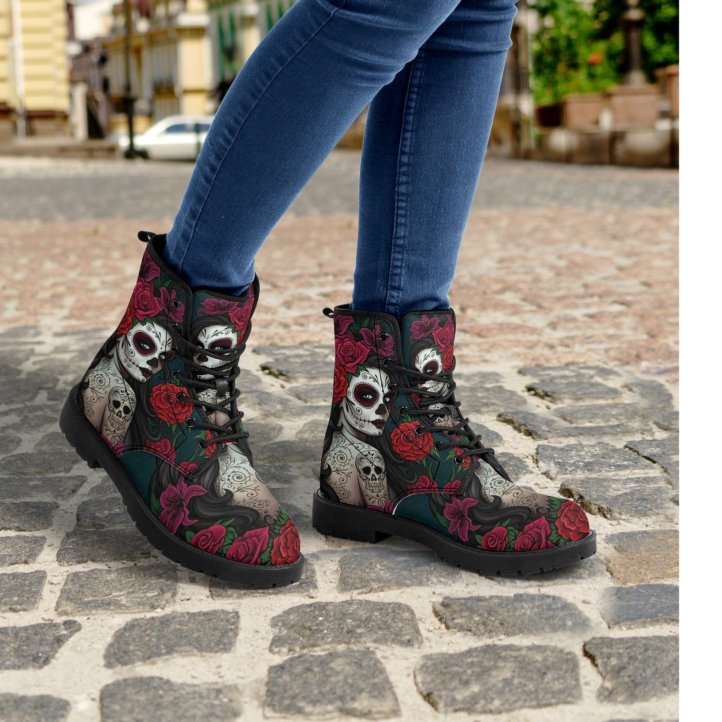 Sugar skull winter boots, sugar skull girl combat boots, cinco de mayo skull boots for men women, floral sugar skull men women shoes, sugar