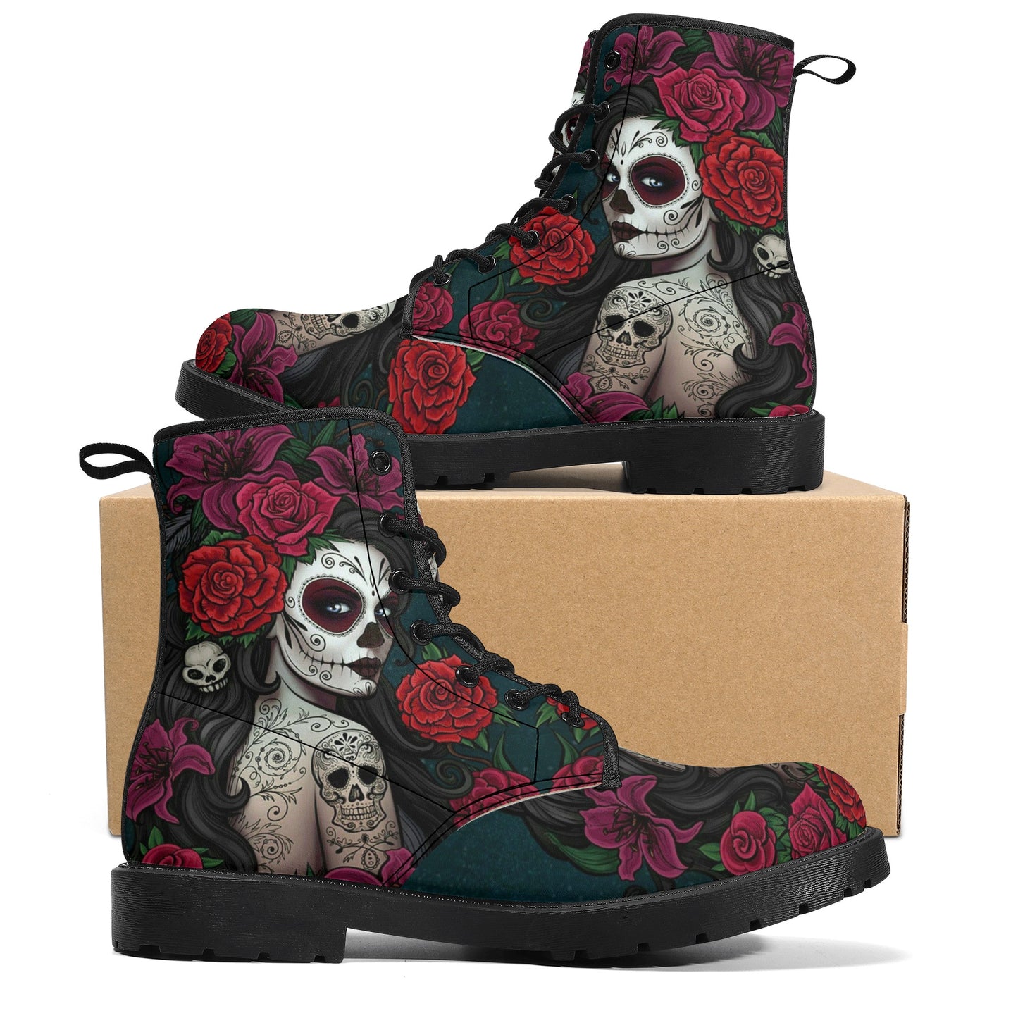 Sugar skull winter boots, sugar skull girl combat boots, cinco de mayo skull boots for men women, floral sugar skull men women shoes, sugar