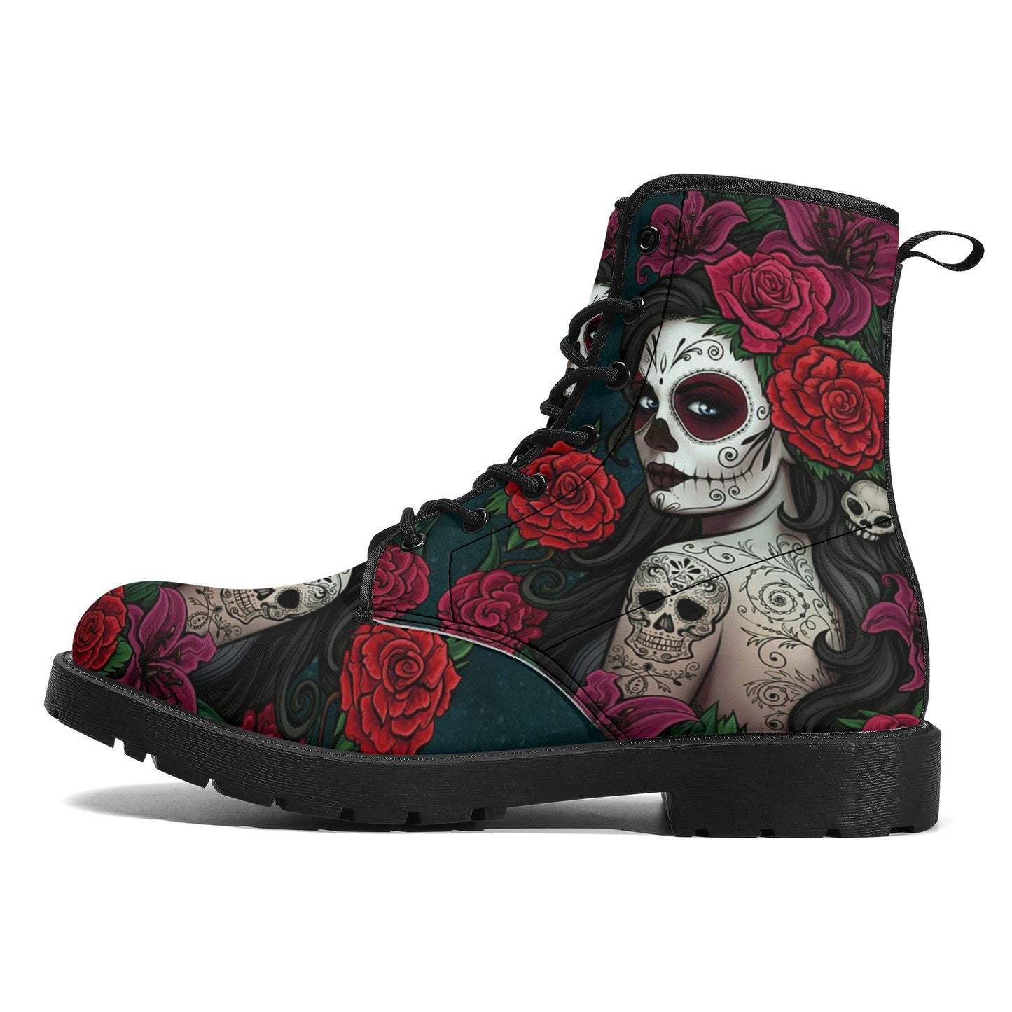 Sugar skull winter boots, sugar skull girl combat boots, cinco de mayo skull boots for men women, floral sugar skull men women shoes, sugar