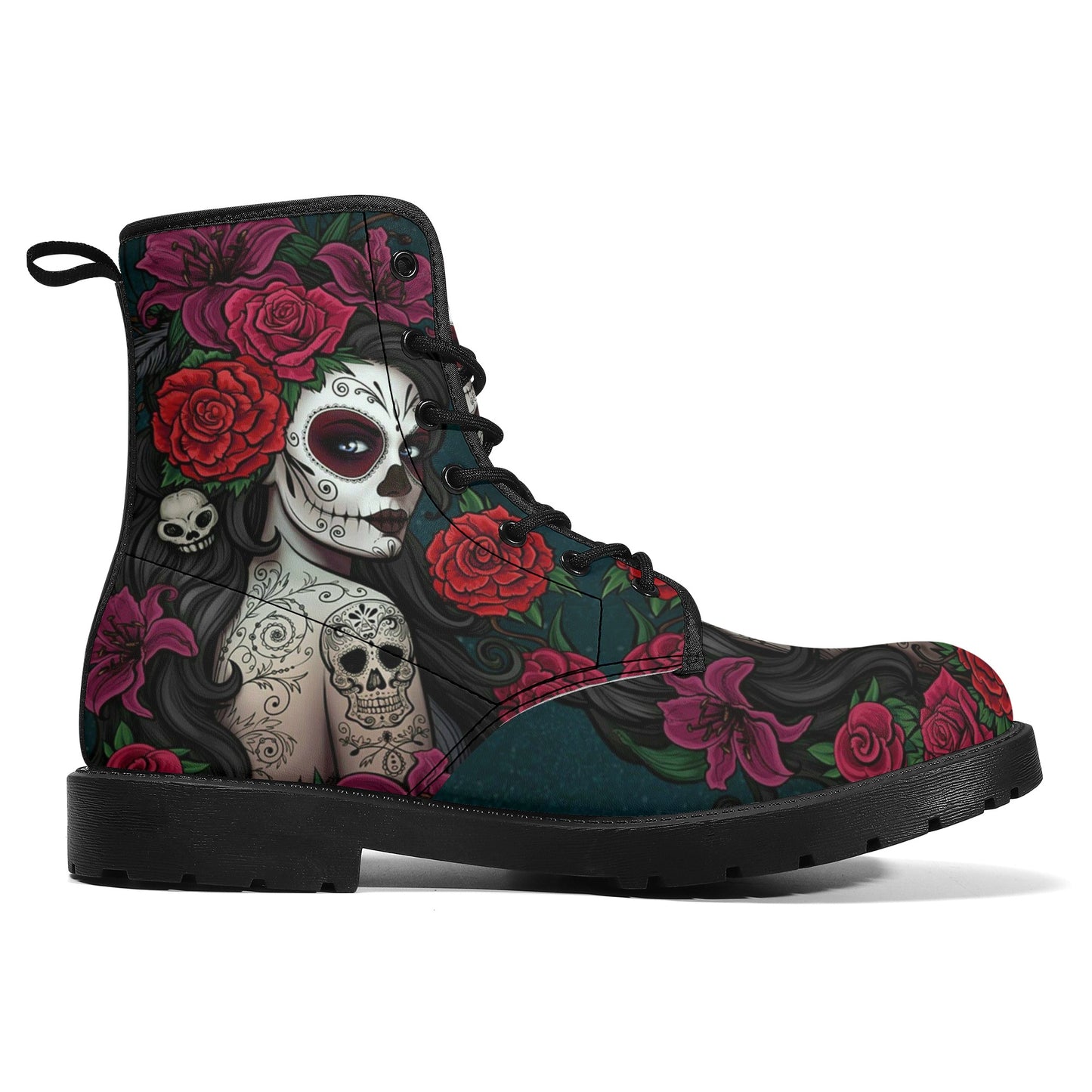 Sugar skull winter boots, sugar skull girl combat boots, cinco de mayo skull boots for men women, floral sugar skull men women shoes, sugar