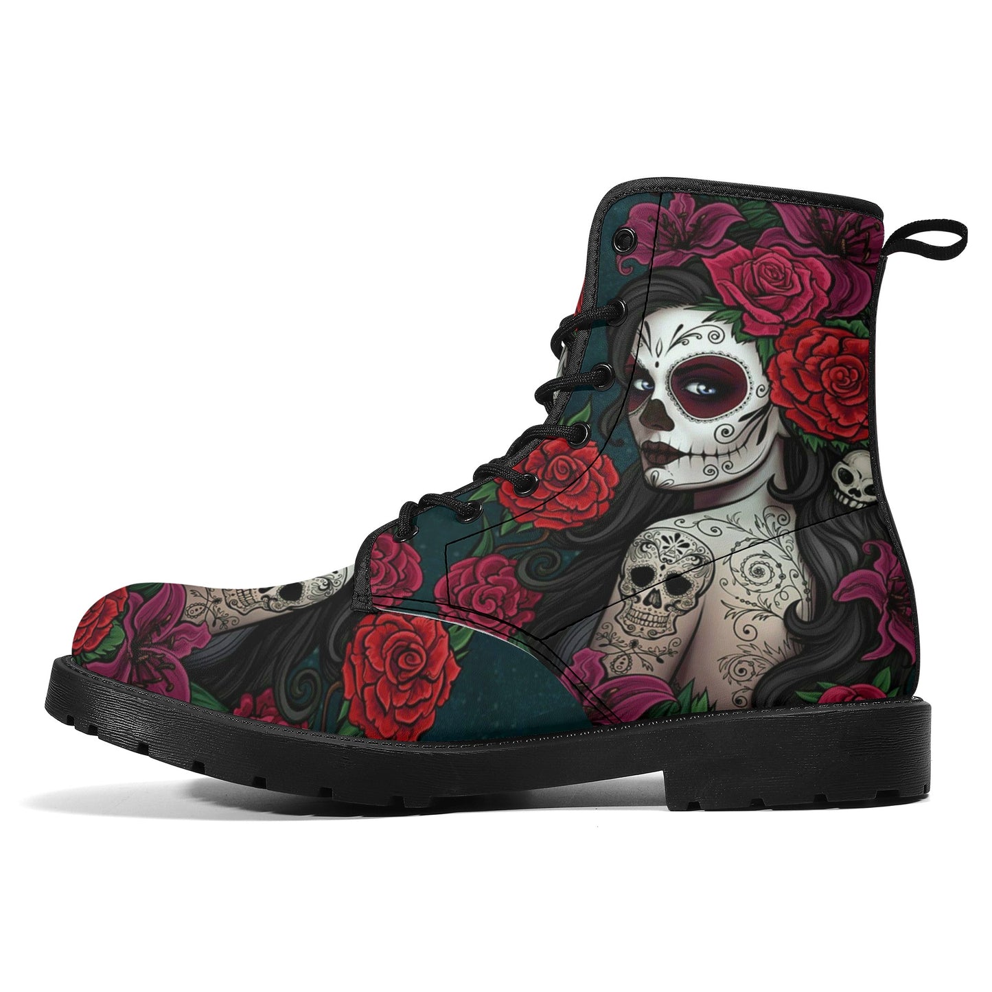 Sugar skull winter boots, sugar skull girl combat boots, cinco de mayo skull boots for men women, floral sugar skull men women shoes, sugar