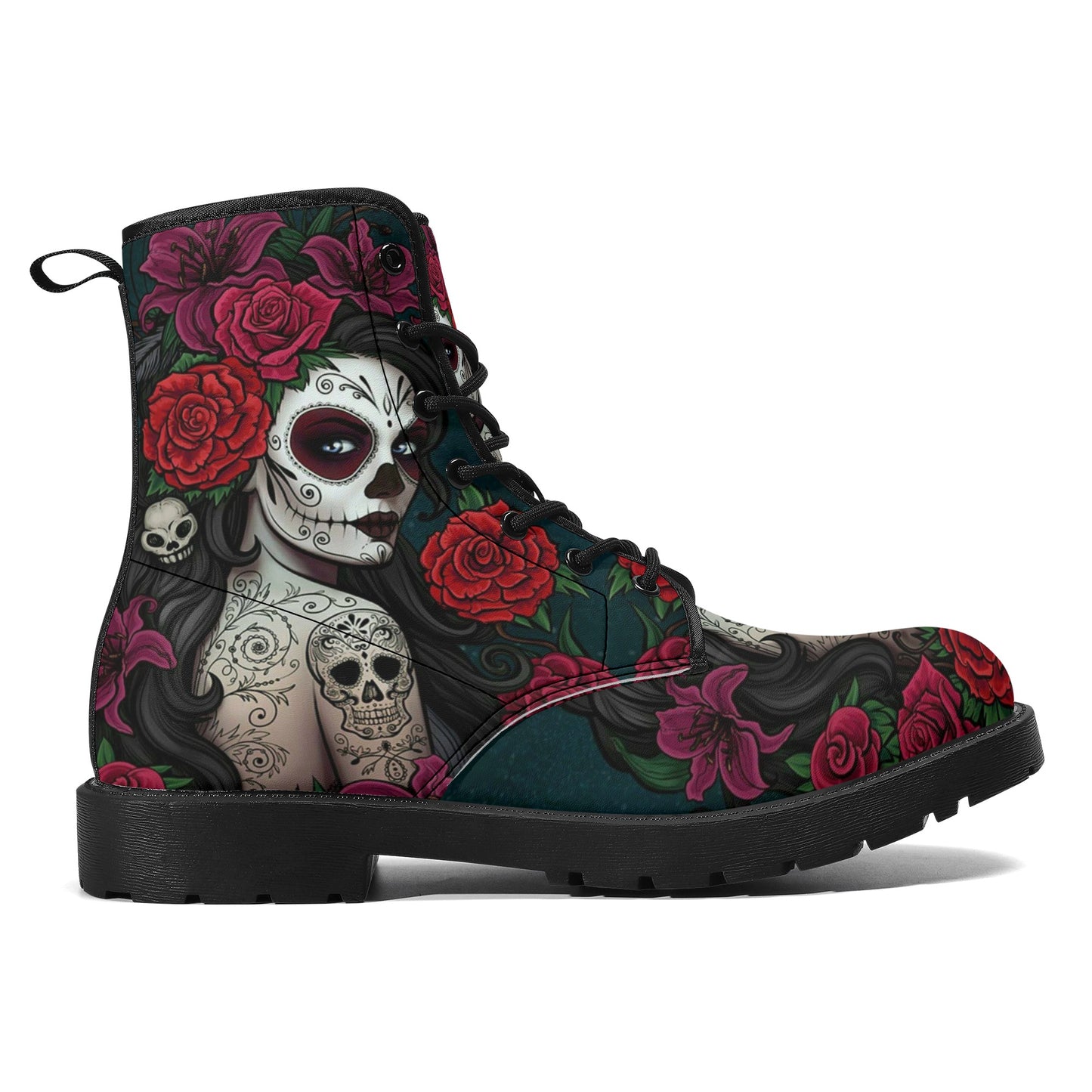 Sugar skull winter boots, sugar skull girl combat boots, cinco de mayo skull boots for men women, floral sugar skull men women shoes, sugar