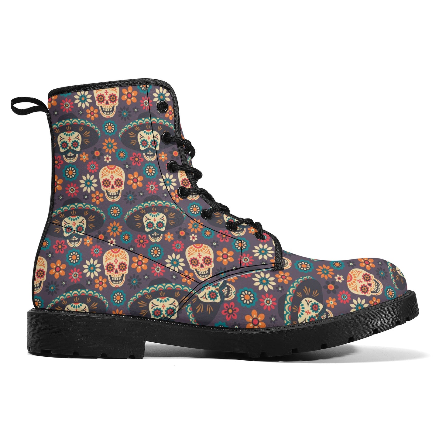 Dia de los muertos skull fashion leather boots, day of the dead fashion leather boots, dia de los muertos skull waterproof Lace Up Anti-Slip