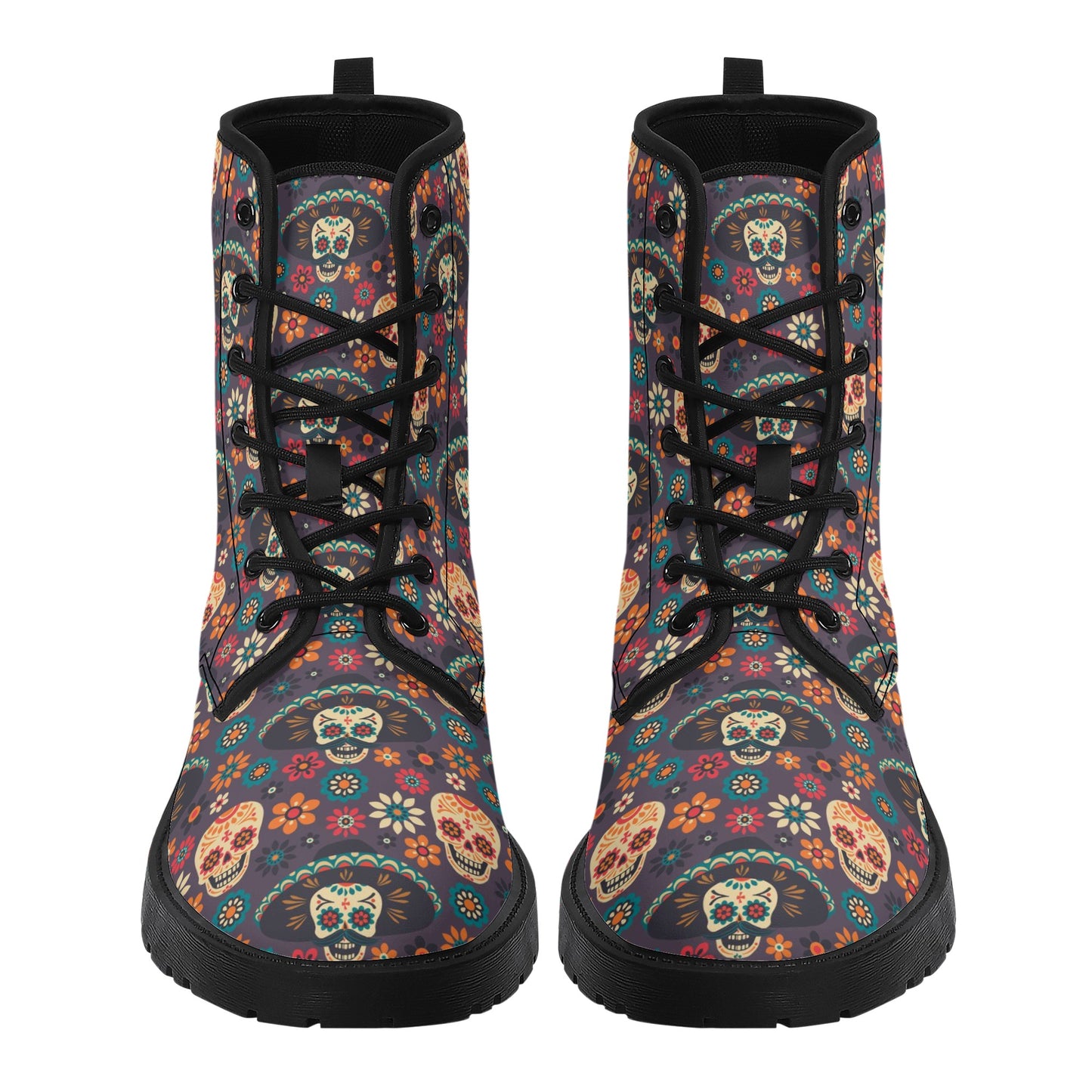 Dia de los muertos skull fashion leather boots, day of the dead fashion leather boots, dia de los muertos skull waterproof Lace Up Anti-Slip
