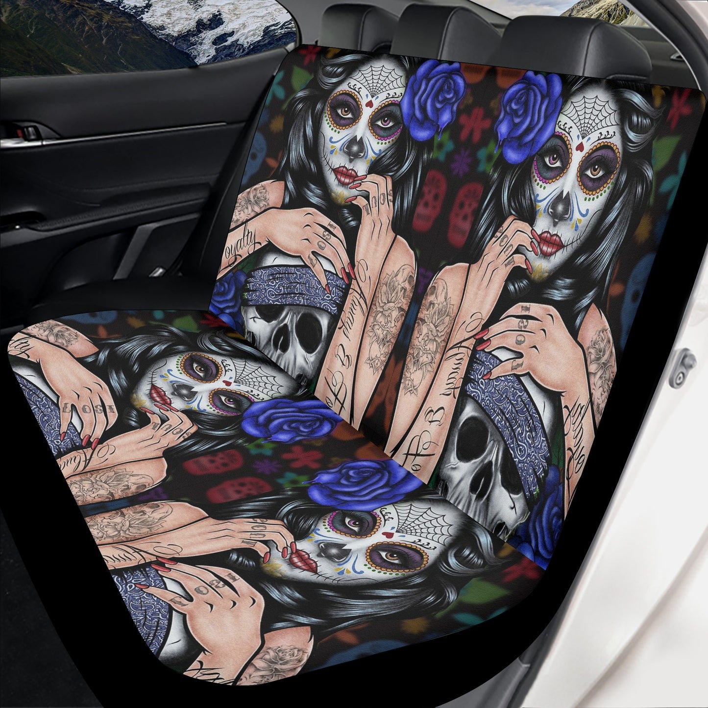 Gothic skull seat cover for car, skull in fire slip-on seat covers, punisher skull car accessories, skull in fire washable car seat covers,