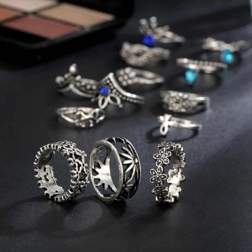 Retro Flower Infinite Knuckle Rings For Women Vintage Geometric Pattern Crystal Rings Set Party Bohemian Jewelry 13 PCS/Set