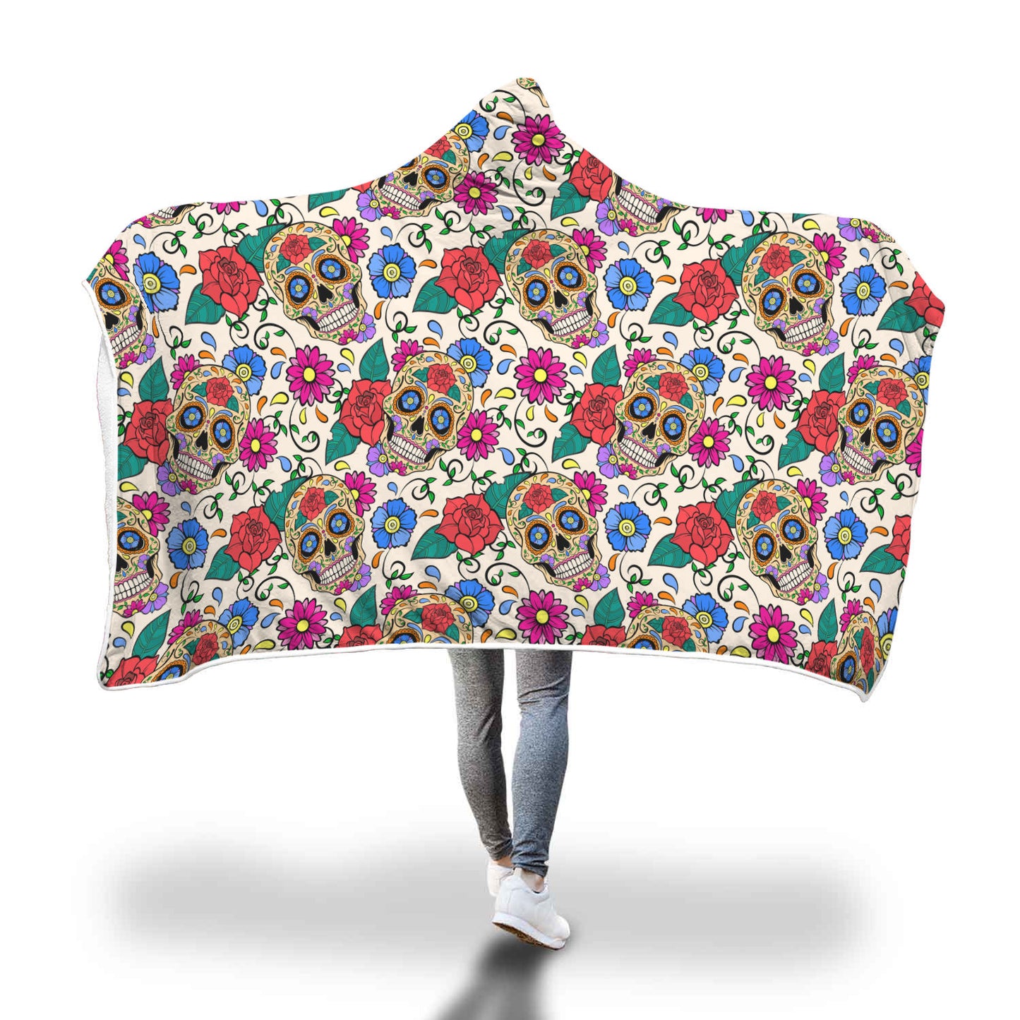 Skull floral sugar skull hooded blanket