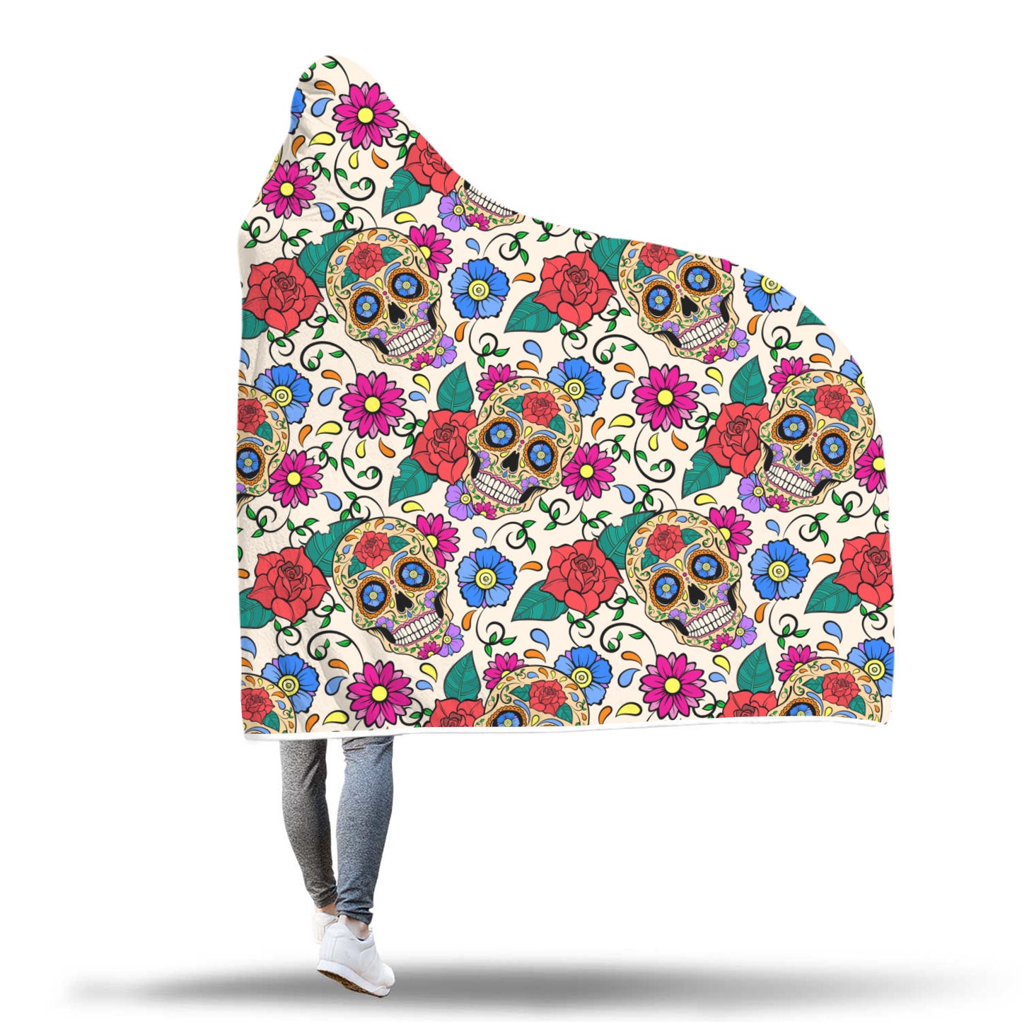 Skull floral sugar skull hooded blanket