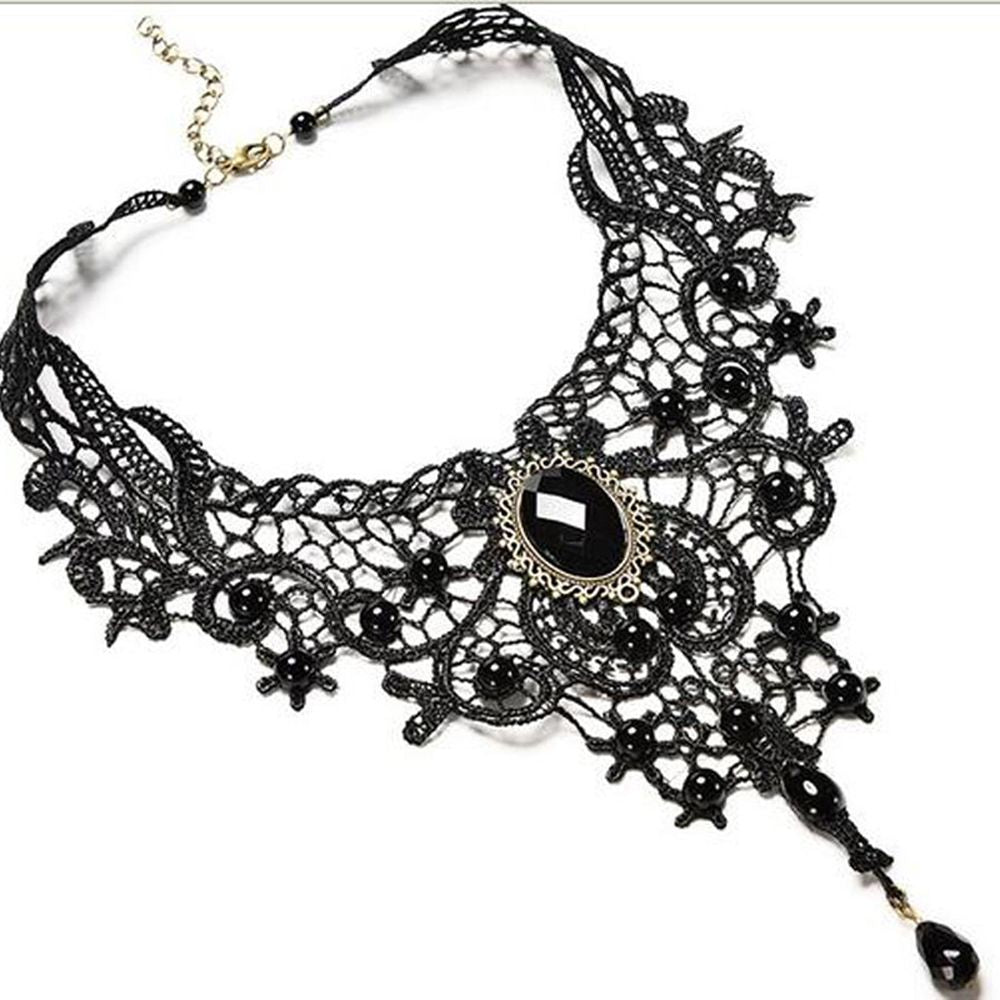 1PCNew Hot Women Black Lace& Beads Choker Victorian Steampunk Style Gothic Collar Necklace Nice Gift For Women