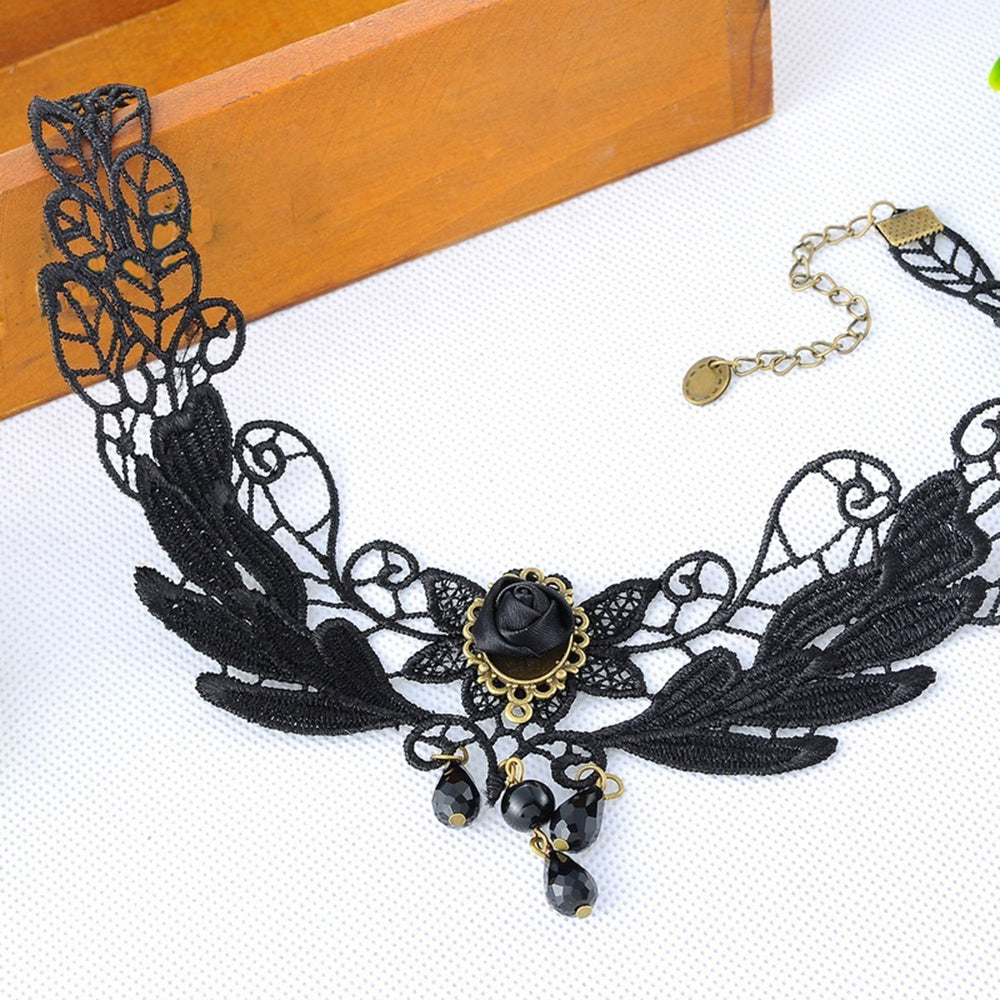 1PCNice Women's Style Black Fabric Rose Flower Beads Pendant Choker Lace Necklace Gothic Jewelry False Collar Statement Necklace