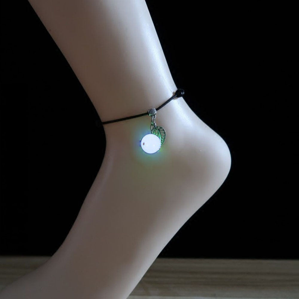 1PCS Retro Creative Glow In Dark Pendant Anklet Female Jewelry Gift Handmade Black Rope Leaves Chain Barefoot Anklet
