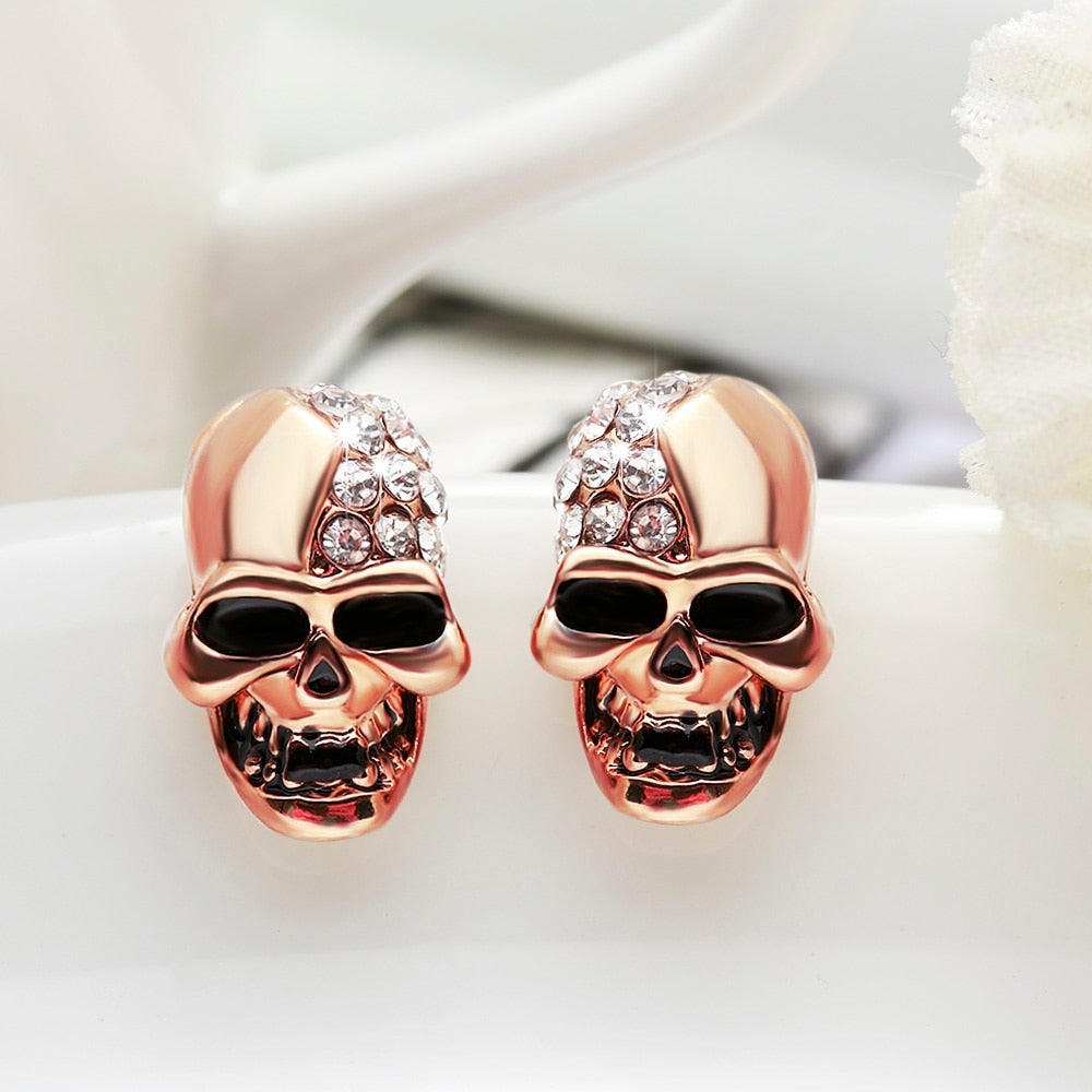 1Pair New Gothic Skull Head Stud Earrings For Women Skeleton Crystal Rhinestones Ear Studs Party Punk Piercing Jewelry