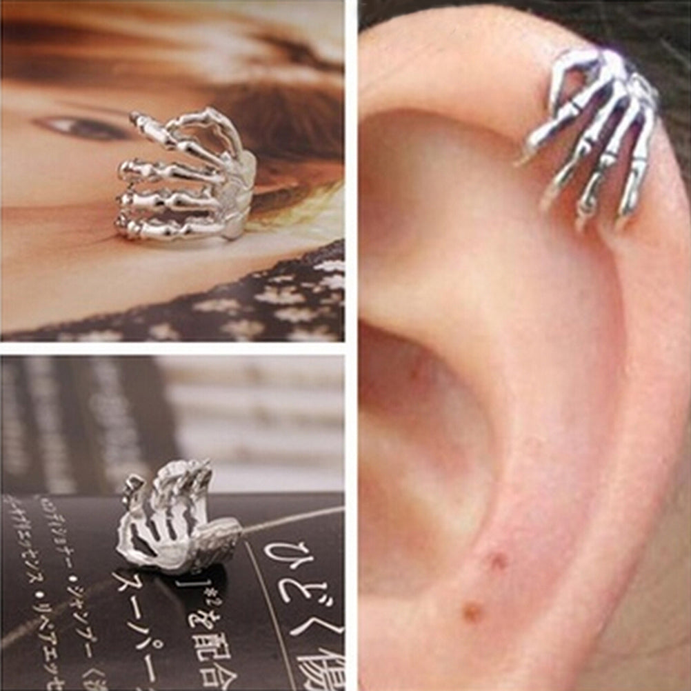 1Pc Skeleton Finger Hand Ear Clip Unisex Punk Simple Design Silver Color Ear Cuff