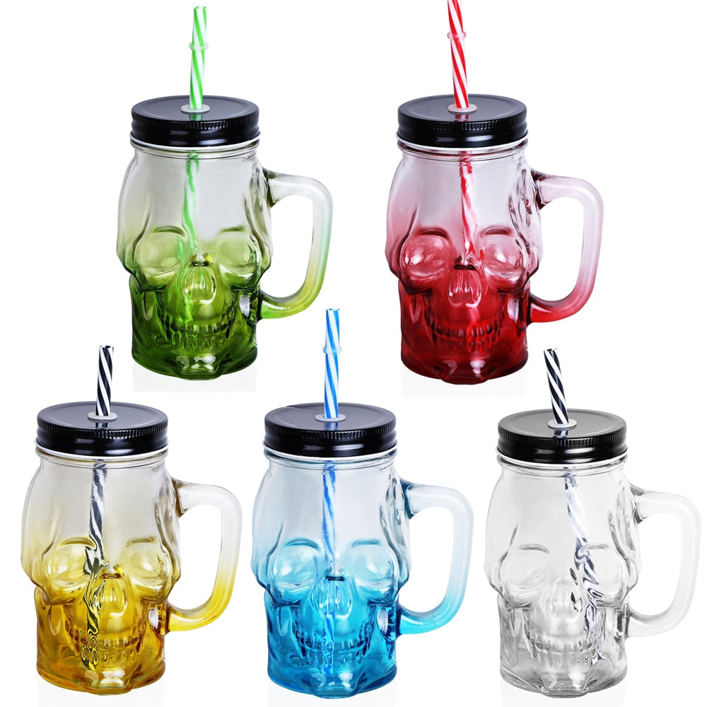 Skull Mason Jar 500ML Creative Design Glass Beer Mug With Straw