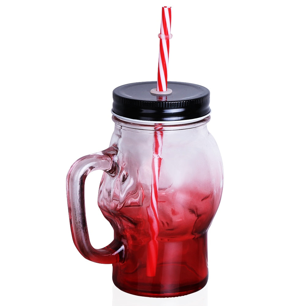 Skull Mason Jar 500ML Creative Design Glass Beer Mug With Straw