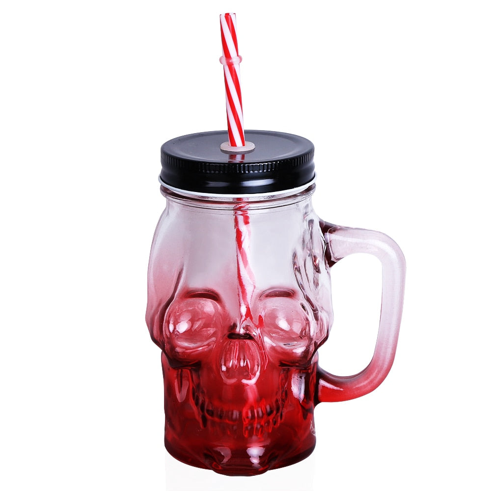 Skull Mason Jar 500ML Creative Design Glass Beer Mug With Straw