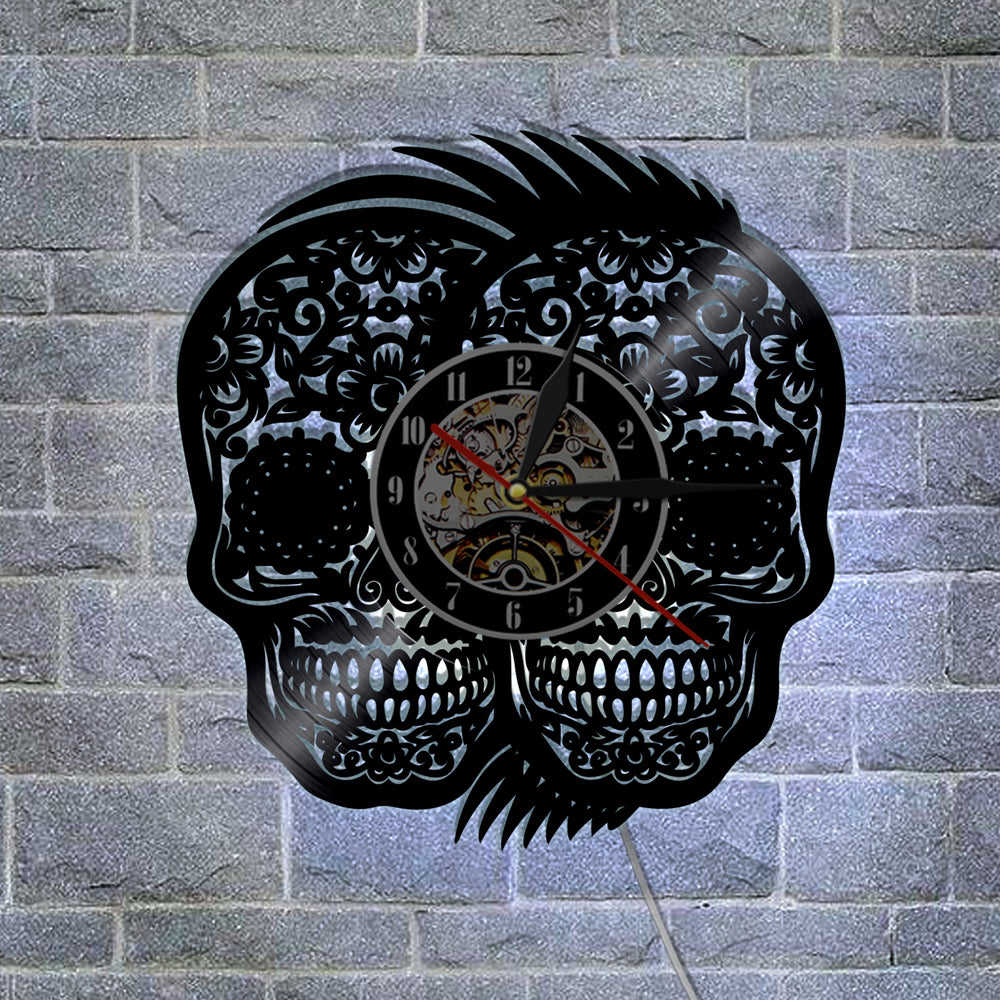 1Piece Handmade Art Hanging Timepiece Double Mexican Skulls Vinyl Wall Clock Halloween Party Creative Decor Gift