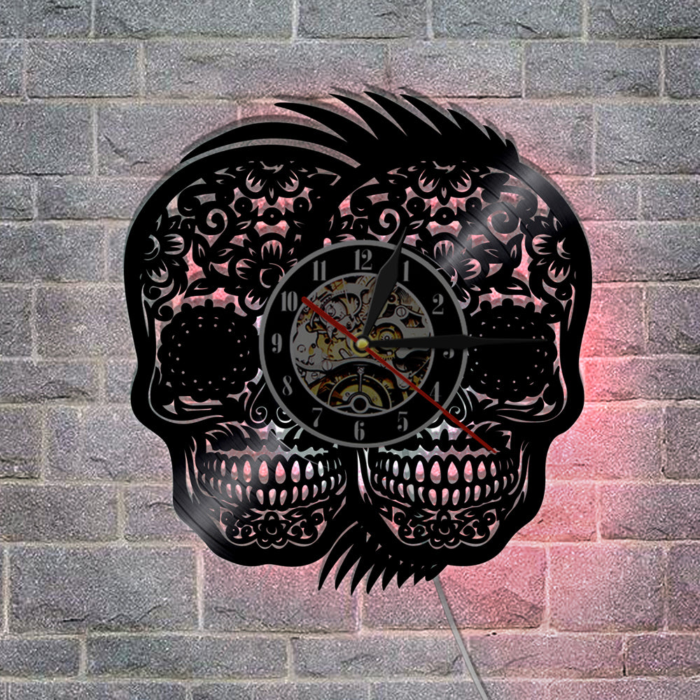 1Piece Handmade Art Hanging Timepiece Double Mexican Skulls Vinyl Wall Clock Halloween Party Creative Decor Gift