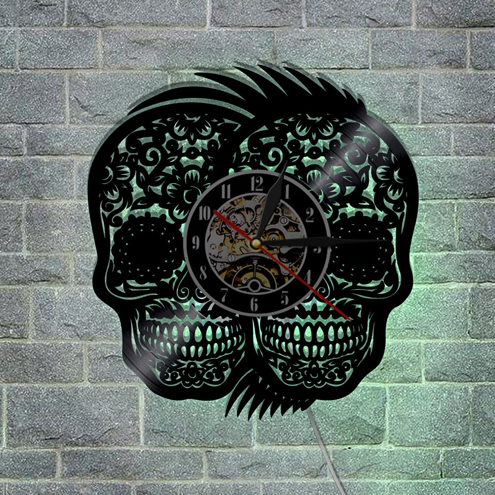 1Piece Handmade Art Hanging Timepiece Double Mexican Skulls Vinyl Wall Clock Halloween Party Creative Decor Gift