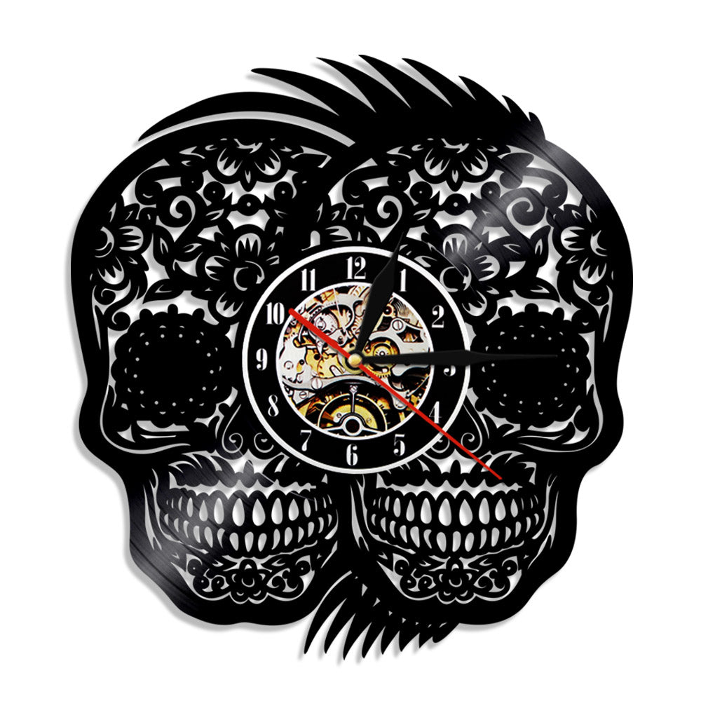1Piece Handmade Art Hanging Timepiece Double Mexican Skulls Vinyl Wall Clock Halloween Party Creative Decor Gift