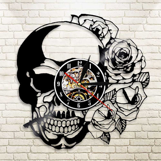 1Piece Hippie Skull With Rose Vinyl Record Wall Clock Modern Design Home Decor Wall Watch For Halloween Gift