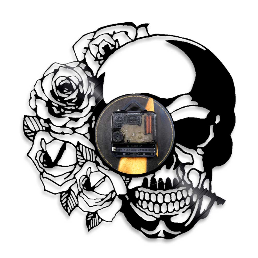 1Piece Hippie Skull With Rose Vinyl Record Wall Clock Modern Design Home Decor Wall Watch For Halloween Gift