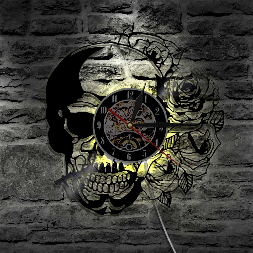 1Piece Hippie Skull With Rose Vinyl Record Wall Clock Modern Design Home Decor Wall Watch For Halloween Gift