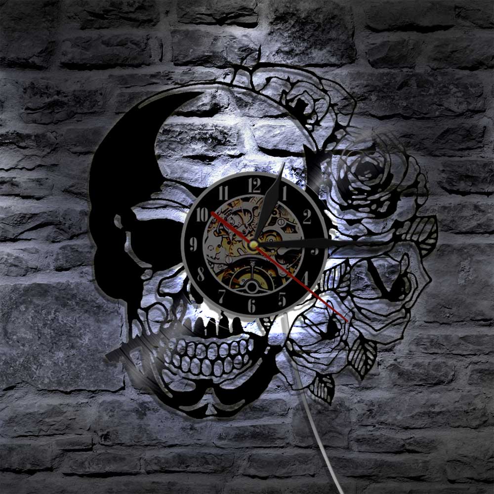 1Piece Hippie Skull With Rose Vinyl Record Wall Clock Modern Design Home Decor Wall Watch For Halloween Gift