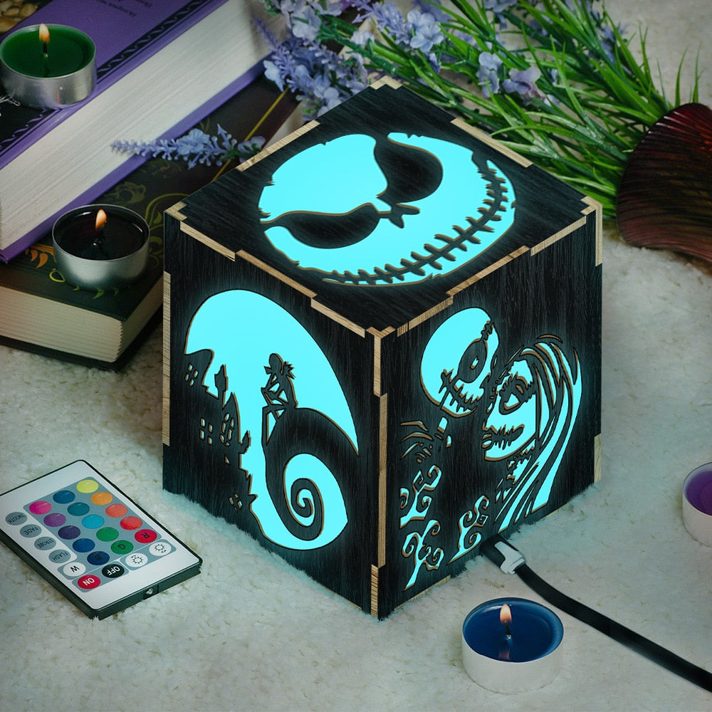 1Piece Nightmare Before Christmas LED Lantern Skeleton Jack And Sally LED Night Light Wooden Table Light Box For Halloween Gift