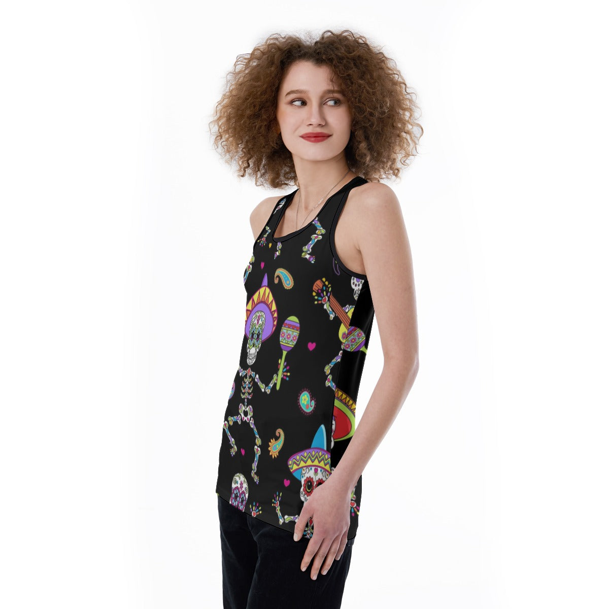 Dia de los muertos skull Women's Back Hollow Tank Top, sugar skull skeleton tank top for women