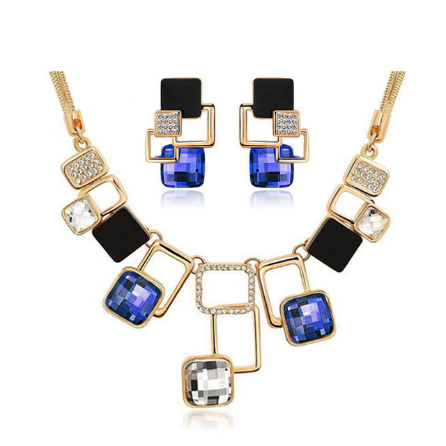Luxury Crystals Square Jewelry Sets Geometric Earrings Square Pendant Snake Chain Necklace Jewelry Women Parure Bijoux