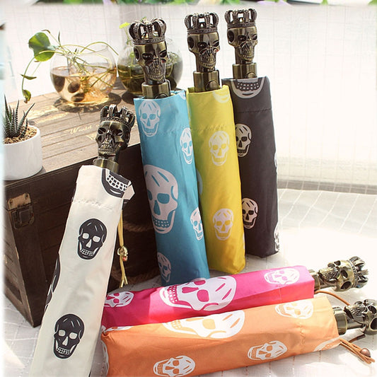 1pc Devil Skull Handle Umbrella European Creative Fully automaticlly Men Three Folding Black Coating Windproof Parasol