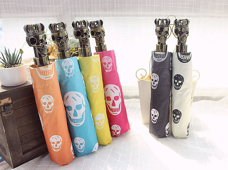 1pc Devil Skull Handle Umbrella European Creative Fully automaticlly Men Three Folding Black Coating Windproof Parasol